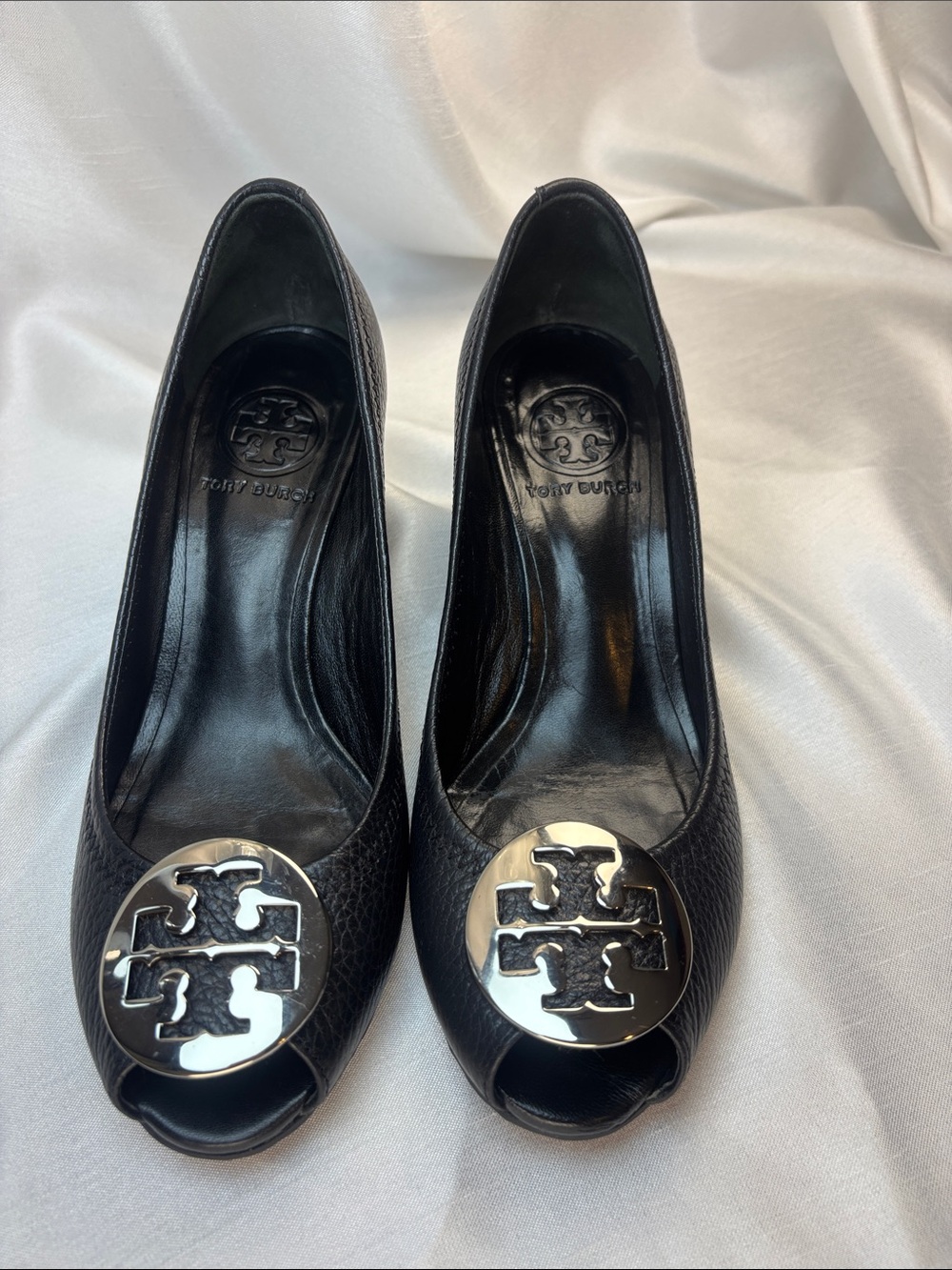 Tory Burch Black Leather Peep-Toe Wedges with Silver Logo Medallions